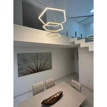 Imagem de Lustre pendente hexagono 3 aneis moderno dourado em led 3000k he - ARQ