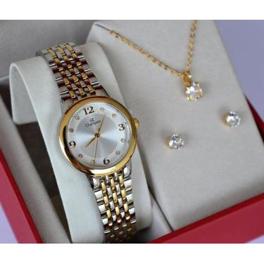 Imagem de Relogio champion feminino pequeno misto ch24857w + kit semi joia