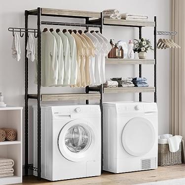 Imagem de IDEALHOUSE Organização e armazenamento de lavanderia, 5 camadas de madeira sobre a prateleira de armazenamento de máquina de lavar e secar com prateleiras de roupas de secagem, prateleira de