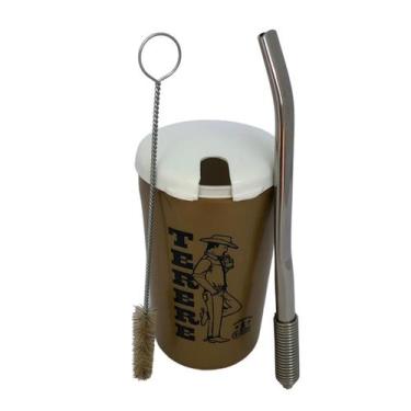 Imagem de Kit tereré cuia copo térmico plástico 300ml dourado com tampa + bomba 