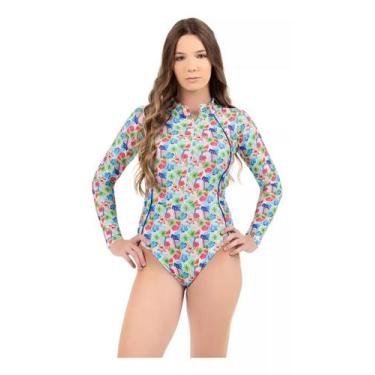 Imagem de Maiô Juvenil Manga Longa Estampado Com Zipper - WA modas, Azul, 16