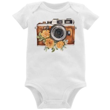 Imagem de Body Bebê Máquina Fotográfica Vintage e Flores - Foca na Moda, Branco,