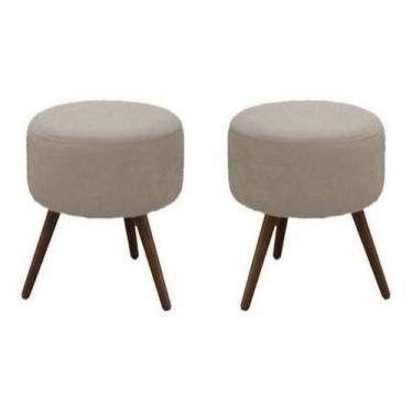 Imagem de Kit Puff Banqueta Redondo Decorativo Tecido Bege Pés Madeira Palito - 