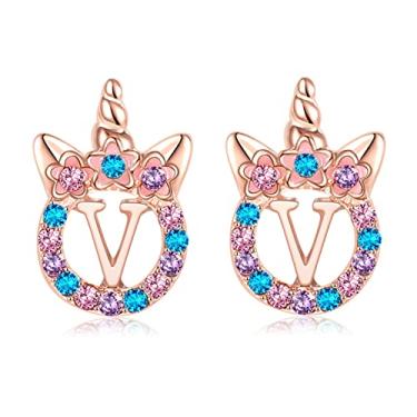 Imagem de TRWWELL Brincos de unicórnios, presentes para meninas, brincos de zircônia cúbica com inicial de unicórnio em ouro rosa para crianças, crianças, strass, letra inicial, unicórnio, brincos, joias para