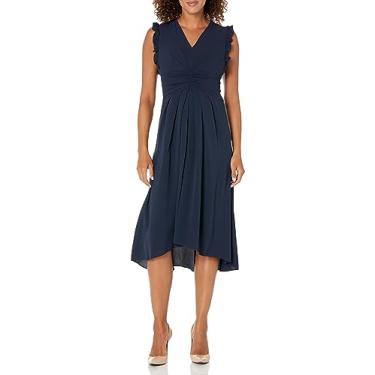 Imagem de Maggy London Vestido midi com decote em V e cintura franzida e detalhes de babados, Blazer azul-marinho, 50