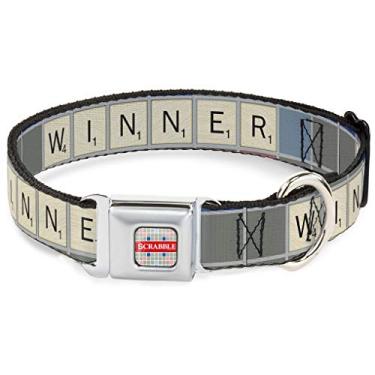Imagem de Buckle-Down Coleira para cachorro com logotipo SCRA-Scrabble de 38 a 66 cm da DC-WSCR002-L com cores cinzas/vermelhos/azuis/branco, grande