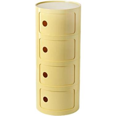 Imagem de Mesa de cabeceira redonda de plástico de 2/3/4 níveis de armazenamento com gavetas e porta deslizante, armário de cabeceira moderno nórdico para quarto, amarelo, 32 x 76 cm