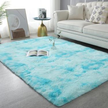 Imagem de KAIJIE Tapete felpudo de pelúcia, tapete super macio para sala de estar, quarto ou berçário - Tapete antiderrapante tingido azul claro 160 x 230 cm