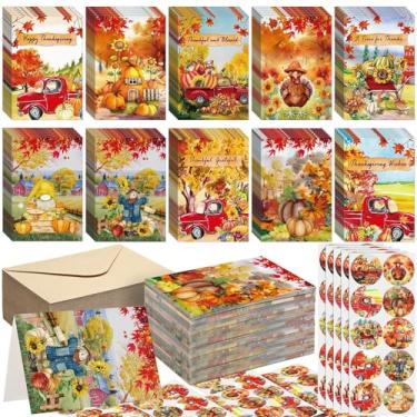 Imagem de Skyygemm Pacote com 120 cartões comemorativos de outono de Ação de Graças com pacote de 120 envelopes Kraft 120 peças adesivos Happy Harvest 10 designs de cartões de abóbora de caminhão cartões