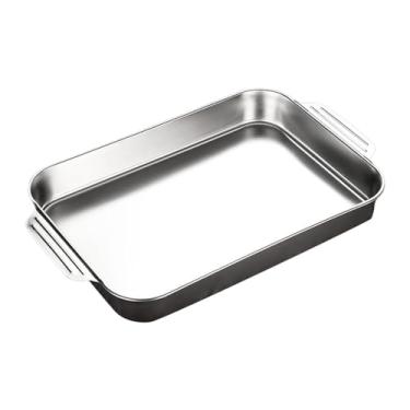 Imagem de ＫＬＫＣＭＳ Assadeira de aço inoxidável para grelha de peixe, retangular com alças, bordas laminadas lisas e resistentes à ferrugem, placa de frutos do mar, E