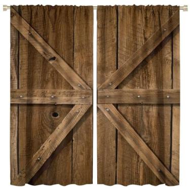 Imagem de Cortinas de madeira marrom vintage rural, porta de madeira rústica de celeiro de fazenda rural, isolamento térmico blackout com bolso para varão, cortinas de janela para sala de estar, quarto,
