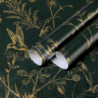 Imagem de Safiyya Papel de parede floral para quarto, papel de parede verde escuro e dourado, pássaro e floral, papel de contato autoadesivo, papel de parede boho para paredes, rolos de vinil 497 cm × 47,3 cm