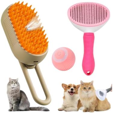 Imagem de Kit Escova Pet Vaporizada 3 Em 1 + Escova Rasqueadeira + Bola de brinquedo interativa para diversão, Escova pra Massagear e Remover Pelos e de Cães e Gatos, Recarregável USB Elétrica Pente Com Vapor (KIT ROSA) DM SHOPP