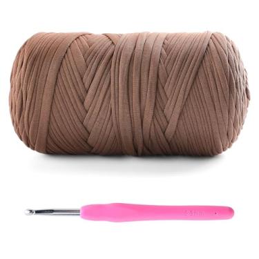 Imagem de Fio de camiseta para crochê - 400 g/130 m para sacos de crochê/cestas/decoração de casa - fio de camiseta de tecido elástico macio com 1 gancho de crochê (1, café)