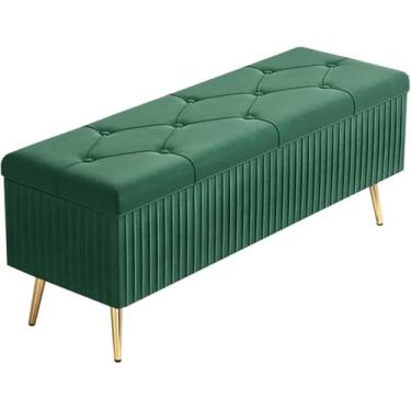 Imagem de Banqueta retangular de veludo dobrável para armazenamento contra incêndios, armazenamento de grande capacidade, adornado com botões e pernas antiderrapantes, 60 x 40 x 45 cm, verde