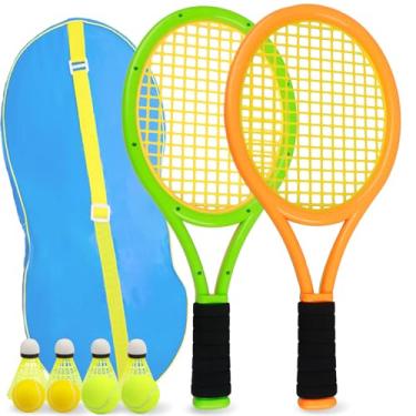 Imagem de Raquete de tênis infantil, raquete de tênis de plástico de 43 cm com 2 bolas de tênis, 2 bolas macias e 4 bolas de badminton, adequada para crianças, esportes ao ar livre/interno (laranja escuro e