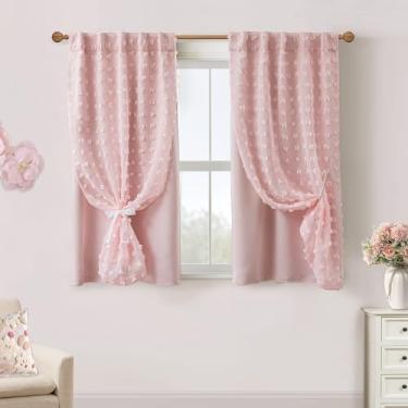 Imagem de Cortinas curtas para janelas de quarto, cortinas blecaute boho rosa transparente sobreposição pompom dupla camada de privacidade para quarto de bebê meninas banheiro 113 cm de comprimento