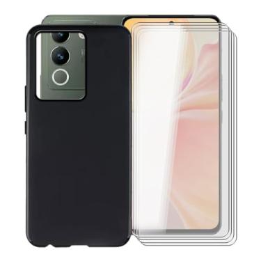 Imagem de KJYFOANI Capa para Vivo V30 Lite, com [4 películas protetoras de tela de vidro temperado], capa de silicone macia preta à prova de choque capa de proteção contra choque para Vivo V30 Lite (6,7