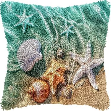 Imagem de Kits de gancho de estrela do mar e concha na praia, almofada de lona impressa, fio de crochê, bordado, faça você mesmo, kit de trava de gancho, fronha, sofá, decoração de Natal, 43 x 43 cm (11)