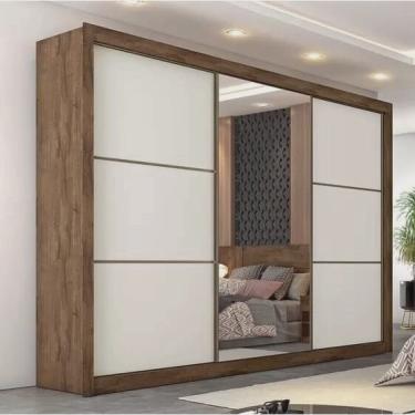 Imagem de Guarda roupa/Roupeiro 3 portas com espelho 6 gavetas Braga Brauna/Off Móveis Europa