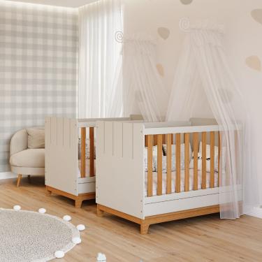 Imagem de Quarto bebê gêmeos com 2 Berços Mini Cama Liza Permobili - Off White/Nature