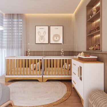Imagem de Quarto de Bebê com 2 Berço Mini Cama Cômoda 1 Portas 3 Gavetas com Janela Popy Retrô Peroba - Branco Brilho/Amendoa