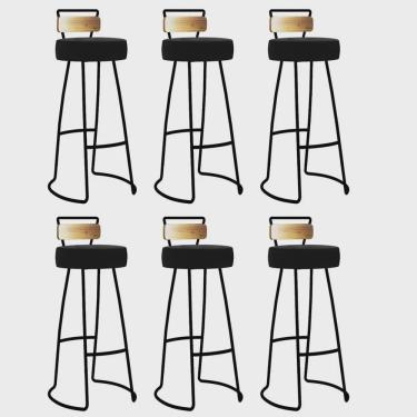 Imagem de Kit 06 Banqueta Alta Alice Bar Balcão Cozinha Com Encosto Madeira Ferro Preto Corino Preto - Ahz Móveis
