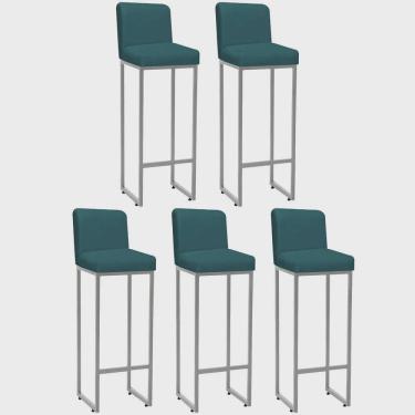 Imagem de Kit 05 Banqueta Alta Com Encosto Lucca Industrial Cozinha Balcão Bistrô Ferro Prata Suede Azul Turquesa - Ahz Móveis