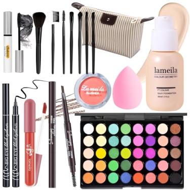 Imagem de YBUETE Kit completo de maquiagem para meninas, adolescentes e mulheres, conjunto de presente de maquiagem, inclui sombra, base, blush, lápis de sobrancelha, rímel, delineador, pincéis, brilho labial