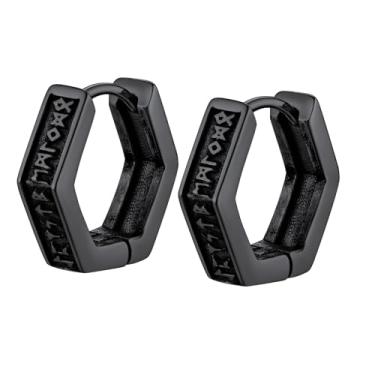 Imagem de Brincos de argola punk para homens pretos Huggie brincos masculinos de aço inoxidável nórdico viking rune argola de orelha feminina presente de festa de aniversário, Hoop Earrings, Aço inoxidável, Sem