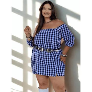 Imagem de Vestido Curto Xadrez Plus Size Meia Estação Manga 3/4 Lastex Ajustável