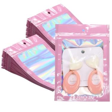 Imagem de 100 unidades de sacos holográficos rosa de 7 x 10 cm | Bolsas Mylar resseláveis para embalagem, armazenamento de joias, gomas, biscoitos e lembrancinhas de festa