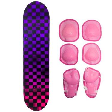 Imagem de Skate Infantil Radical Xadrez + Acessórios De Proteção Rosa - Funs