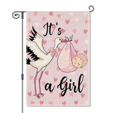 Imagem de Perfectinsoy It's A Girl Pink Hearts Stork Bow Garden Flag, Baby Wrap Yard Decor