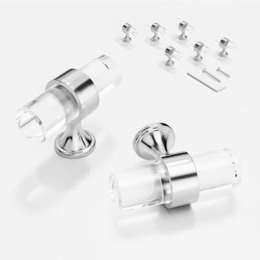 Imagem de Puxador de vidro para armário com 6 peças, gavetas de armários, cômoda, guarda-roupas, alças de móveis, barra em T, base cromada polida com conjunto de chaves em L e parafusos