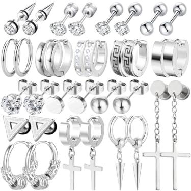 Imagem de 17 pares de brincos masculinos, de aço inoxidável para pele sensível, brincos modernos, joias, brincos de argola com pingente de cruz, kit de brincos de argola com brilho de longa duração, Medium, Aço