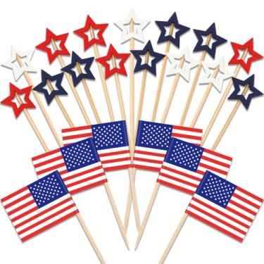 Imagem de BOARDFEB 180Pcs 4th of July Red White Blue Cupcake Toppers, Patriotic Star Toothpicks American Flags Cocktail Sticks Fruit Skewers for Independence Day Party Drinks Patriotic Cupcake Decorations