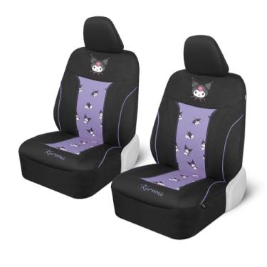 Imagem de Capas de assento de carro Hello Kitty Kuromi - lindas capas de assento dianteiras pretas e roxas com detalhes em lavanda, poliéster durável e confortável, acessórios para carro Hello Kitty 2 peças
