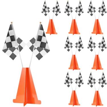 Imagem de Affrolling Cones de trânsito com bandeiras quadriculadas de corrida mini papelão rígido 7 polegadas cones de trânsito laranja treino de futebol para tema de carro de corrida decorações de festa de