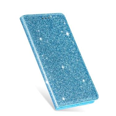 Imagem de LYJSMGZ Capa tipo carteira brilhante para iPhone 16E, fecho magnético com glitter, fecho magnético, capa de telefone feminina, antiderrapante, capa elegante, azul, 16E