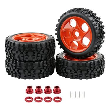 Imagem de Rchobbytop 4 peças 1:8 pneus e rodas de 17 mm hexagonais 5 raios aro de roda com adaptadores de cubo porcas para off-road curto curso rally areia neve todo terreno, vermelho