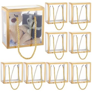 Imagem de BENECREAT 10 conjuntos de caixas de lembrancinhas transparentes, caixas de presente de 6 x 14 x 14 cm com borda dourada e alça para chocolate doce, lembrancinhas de festa, embalagem de presente