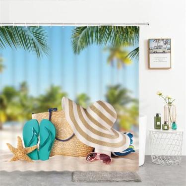 Imagem de Cortinas de chuveiro estampadas com conchas de praia e mar, tela de cortina de banho com estrelas do mar, produtos à prova d'água, decoração de banheiro com ganchos, 3382W,W90xH180cm