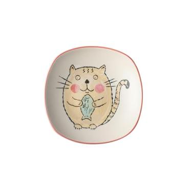 Imagem de Prato de sopa ocidental criativo de cerâmica japonesa retrô pintada à mão - prato quadrado de 20 cm, gato koi de borda vermelha