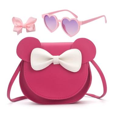 Imagem de LJCTULY Bolsa infantil para meninas - Bolsa tiracolo com laço de orelha de rato pequeno - Bolsa fofa para crianças de 2 a 8 anos - Conjunto de presente de aniversário para meninas (rosa choque)
