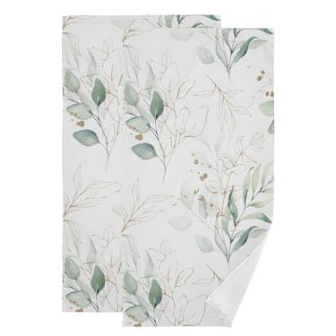 Imagem de HATESAH Pacote com 2 toalhas de mão de folha de eucalipto verde sálvia para banheiro, macio absorvente primavera aquarela branco dourado deixar galho decorativo para hóspedes, toalhas de cozinha de