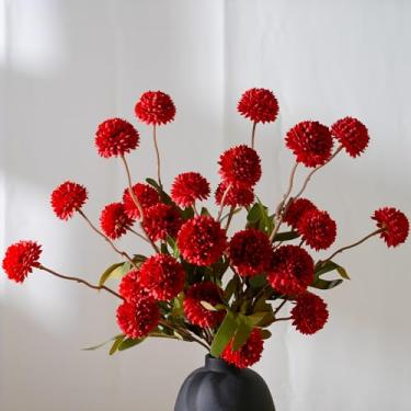 Imagem de LESING 5 peças de flores artificiais de haste longa com eucalipto, seda falsa bola de crisântemos, hastes de flores artificiais, pompom artificial, flores para mãe, decoração de arranjos florais a