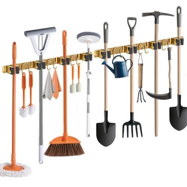 Imagem de GUUKAR Suporte de parede para vassoura, 2 pacotes de organizador de ferramentas de aço inoxidável dourado para cozinha, jardim, garagem, lavanderia, banheiro e trailer, com 4 compartimentos, 6 ganchos