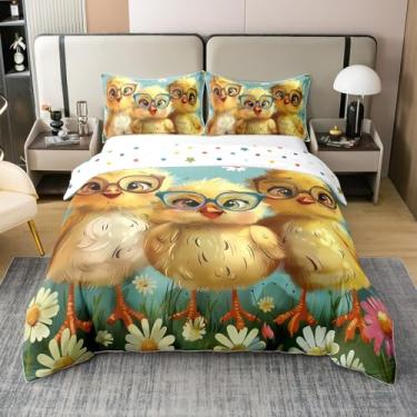 Imagem de Manfei Kawaii Chick Capa de edredom infantil tamanho solteiro 100% algodão, margarida em aquarela para meninos e meninas, desenho animado de galinha rústica animal de fazenda amarelo, 1 fronha (sem