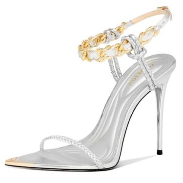 Imagem de Sapato feminino preto com corrente dourada, tira no tornozelo, bico fino, salto alto stiletto para eventos formais, casamentos, festas e uso noturno, Prata, 41